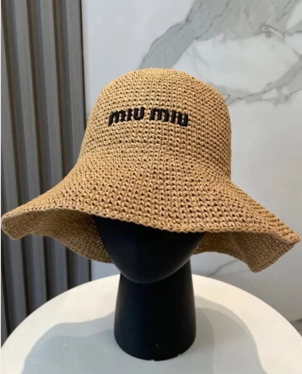 Miu Miu Crocheted Raffia Wide Brim Bucket Hat Natural